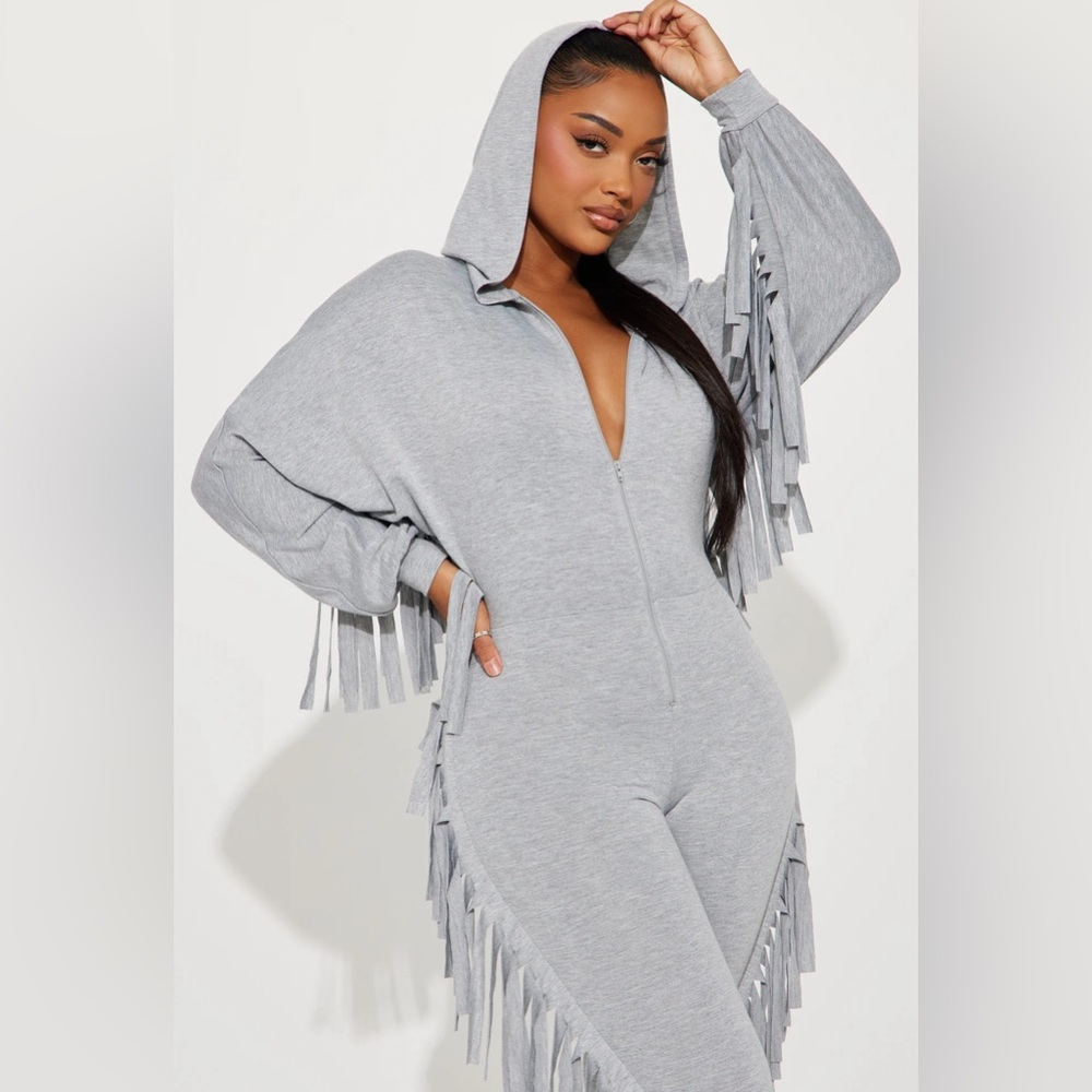 Heather Grey Jumpsuit! Brand New! Hooded with Fringes!!